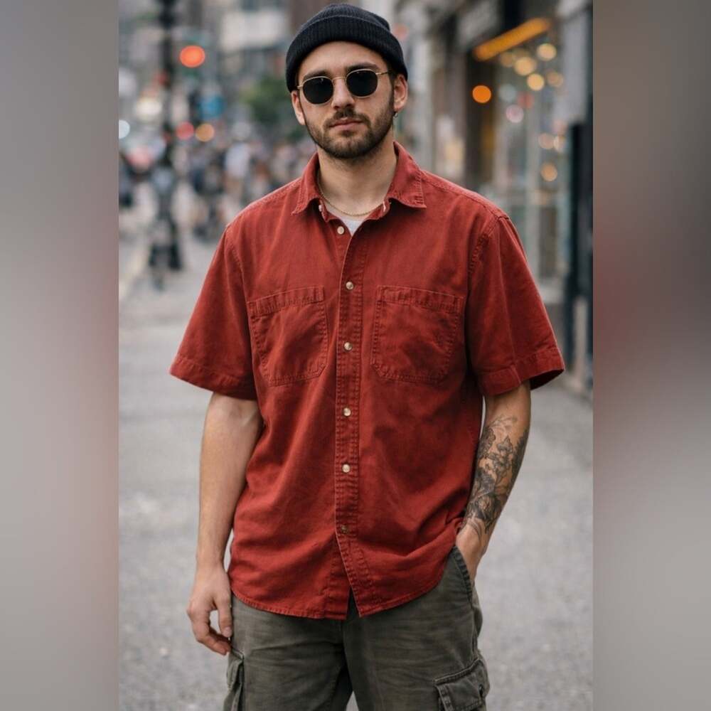 Carhartt Mens Rust Red Cotton Casual Button Down Workwear Shirt - Size Medium